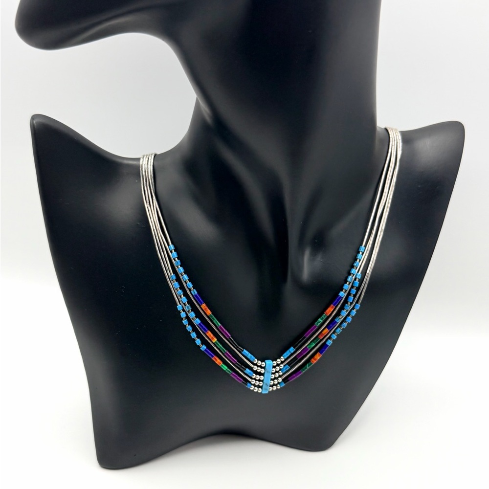 Vintage Navajo Liquid Sterling Silver Multi-Strand Necklace – Turquoise 19”